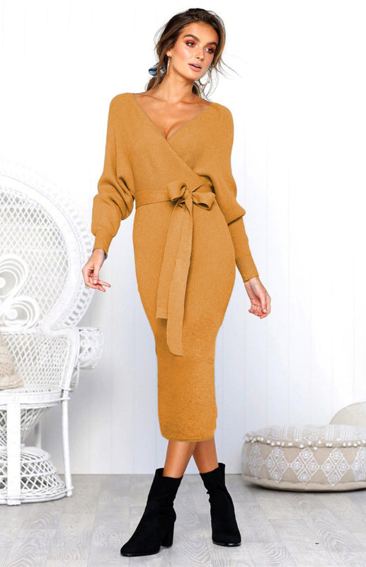 Long-Sleeve V-Neck Lace-Up Midi Dress – Elegant Slim Fit with Belt