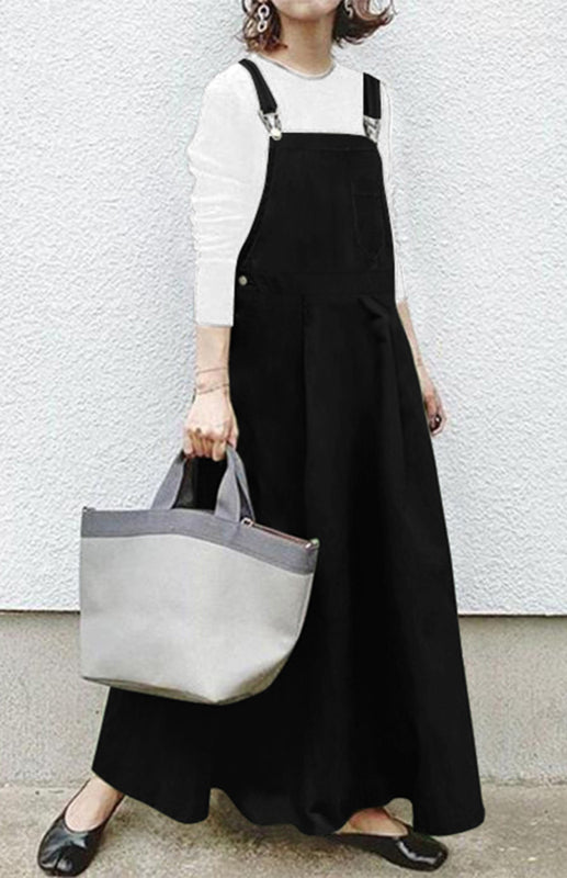 Solid Color Suspender Midi Skirt – Square Neck & Front Pocket