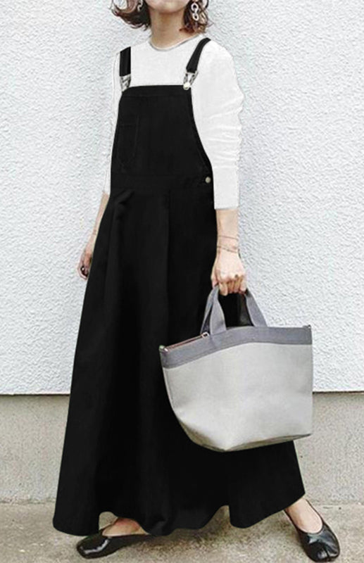 Solid Color Suspender Midi Skirt – Square Neck & Front Pocket