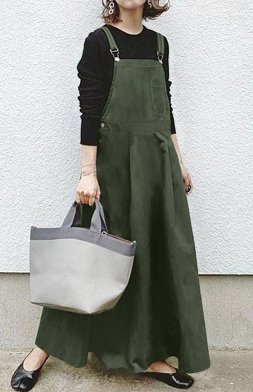 Solid Color Suspender Midi Skirt – Square Neck & Front Pocket