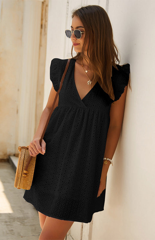 Embroidered Cotton V-Neck Lace Midi Dress – Short Sleeves & Ruffle Hem