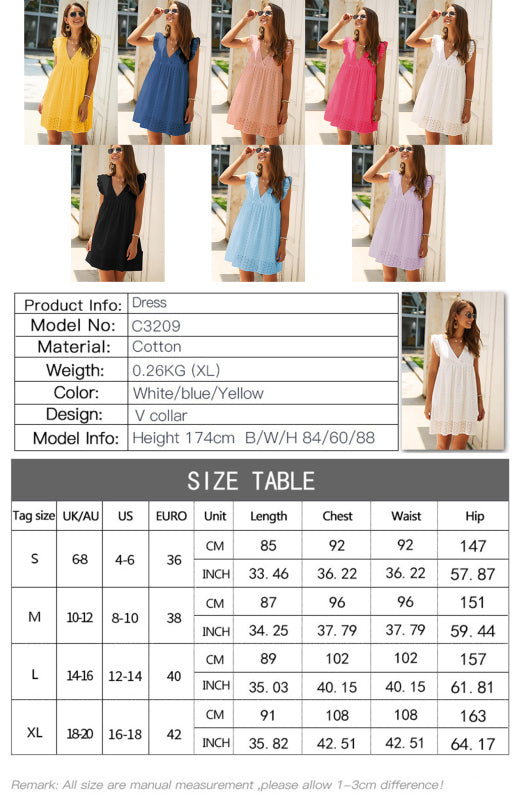 Embroidered Cotton V-Neck Lace Midi Dress – Short Sleeves & Ruffle Hem