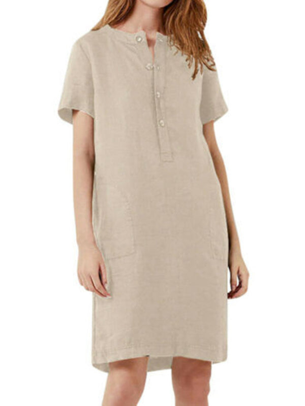 Loose Fit Cotton V-Neck Midi Dress – Pockets, Short Sleeves, S–5XL