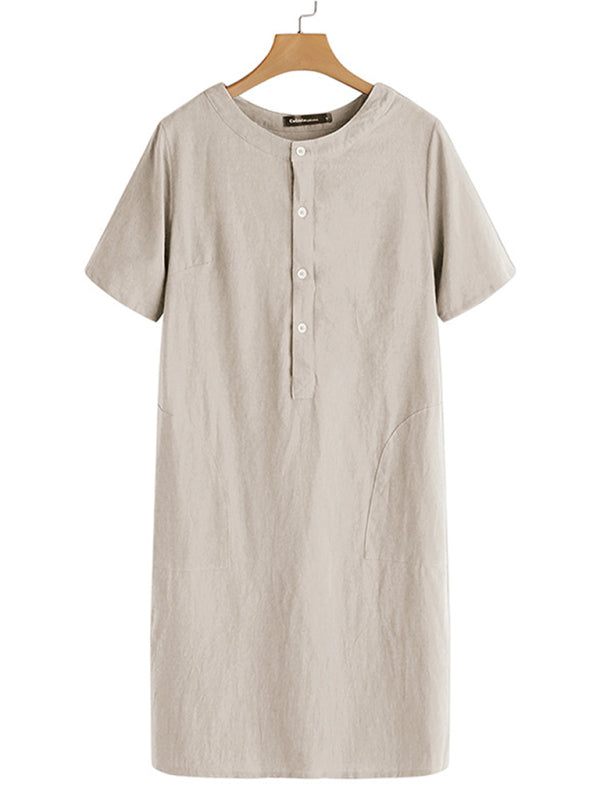 Loose Fit Cotton V-Neck Midi Dress – Pockets, Short Sleeves, S–5XL