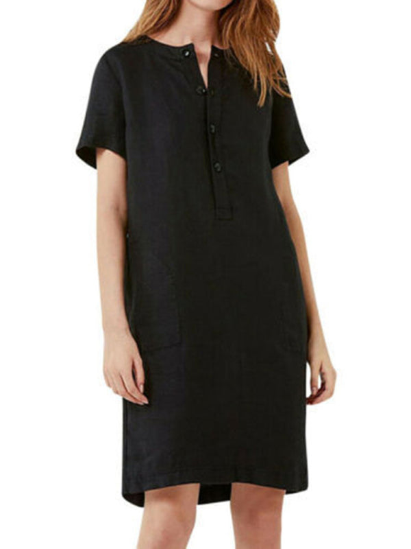 Loose Fit Cotton V-Neck Midi Dress – Pockets, Short Sleeves, S–5XL
