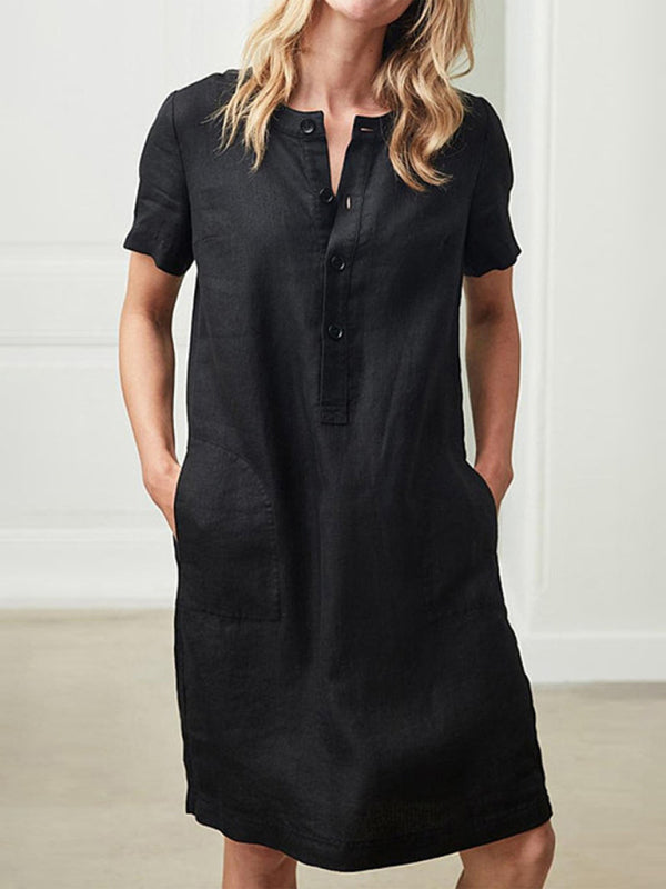 Loose Fit Cotton V-Neck Midi Dress – Pockets, Short Sleeves, S–5XL