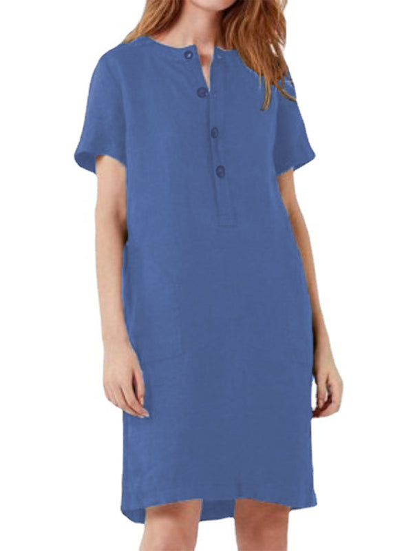 Loose Fit Cotton V-Neck Midi Dress – Pockets, Short Sleeves, S–5XL