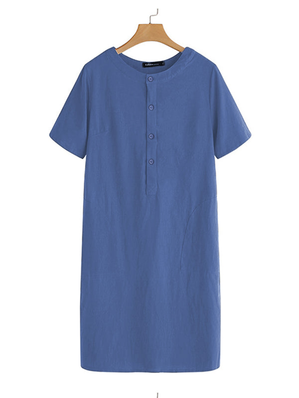 Loose Fit Cotton V-Neck Midi Dress – Pockets, Short Sleeves, S–5XL