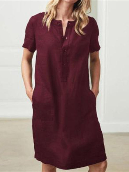 Loose Fit Cotton V-Neck Midi Dress – Pockets, Short Sleeves, S–5XL