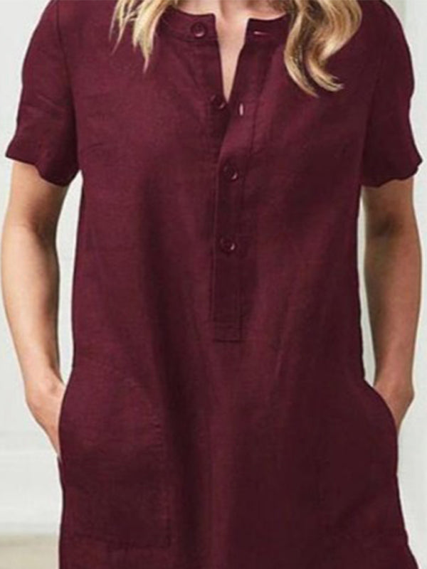 Loose Fit Cotton V-Neck Midi Dress – Pockets, Short Sleeves, S–5XL