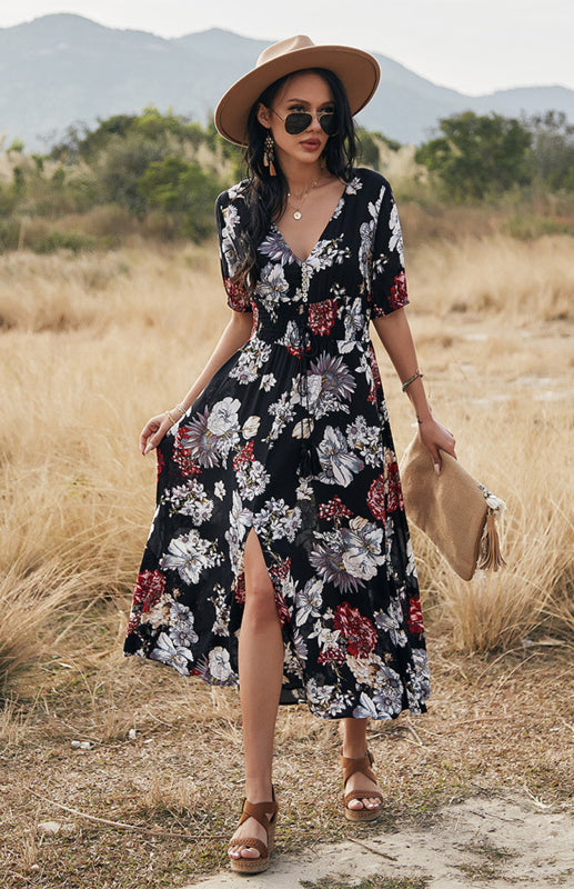 Boho V-Neck Waist Slimming Dress – Floral Print Rayon, Short Sleeves