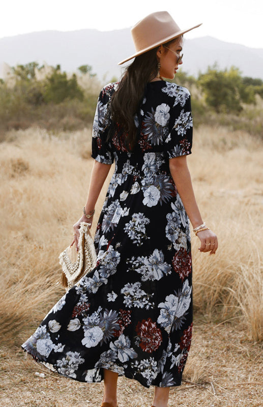 Boho V-Neck Waist Slimming Dress – Floral Print Rayon, Short Sleeves