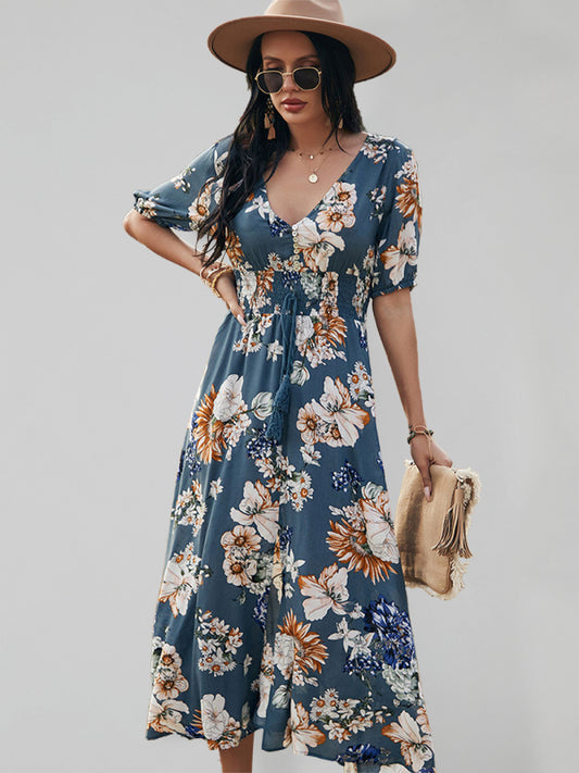 Boho V-Neck Waist Slimming Dress – Floral Print Rayon, Short Sleeves