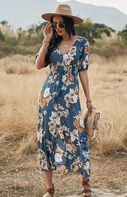 Boho V-Neck Waist Slimming Dress – Floral Print Rayon, Short Sleeves