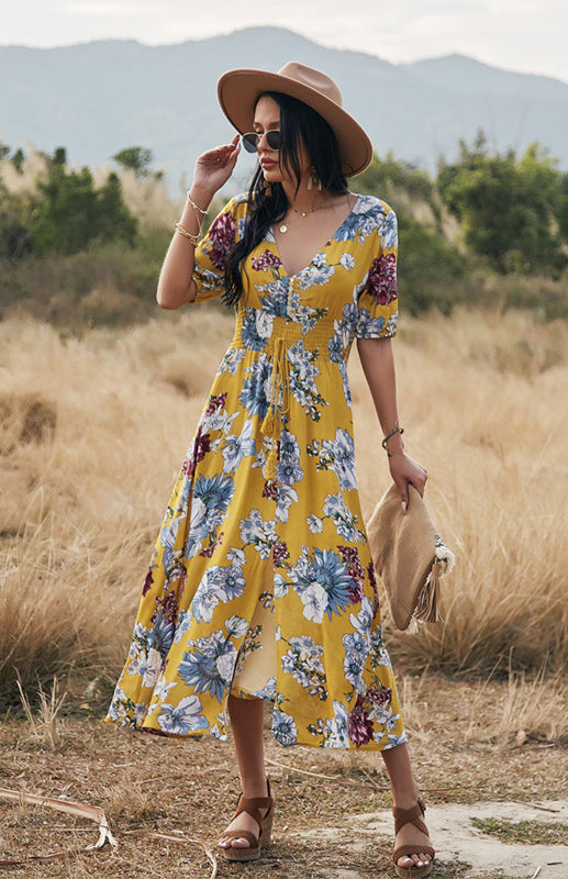 Boho V-Neck Waist Slimming Dress – Floral Print Rayon, Short Sleeves