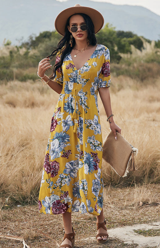 Boho V-Neck Waist Slimming Dress – Floral Print Rayon, Short Sleeves