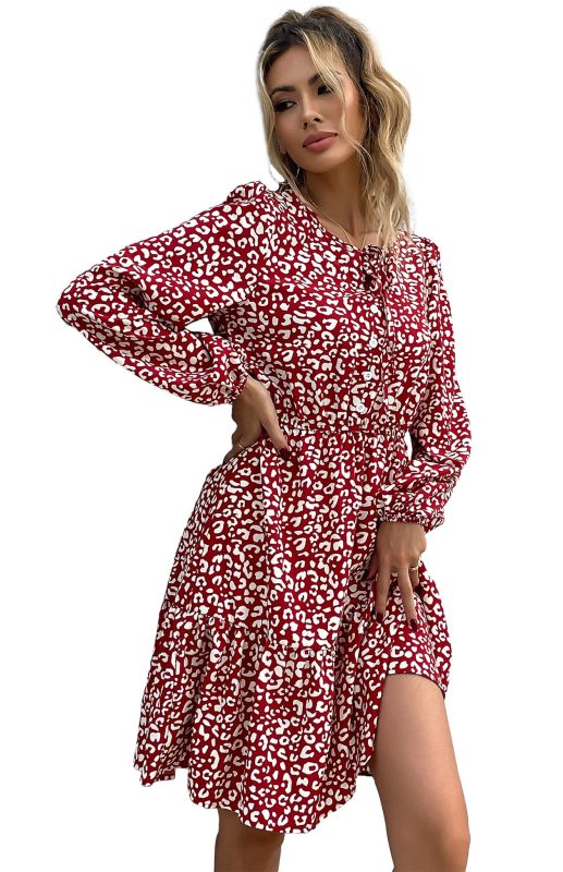 Boho Leopard Print Lantern Sleeve Midi Dress – Wine Red