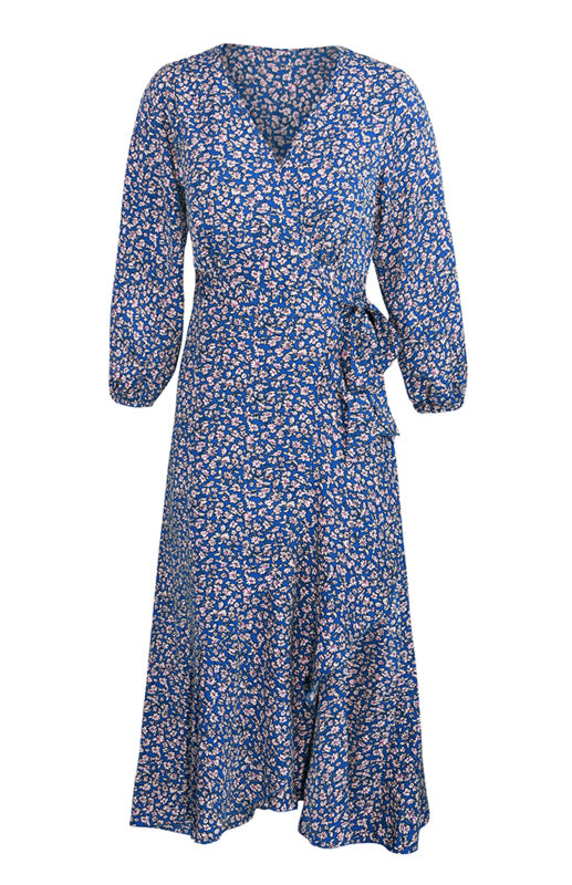 Floral Cross-Neck Lace-Up Long Sleeve Dress – Casual Boho Spring Look