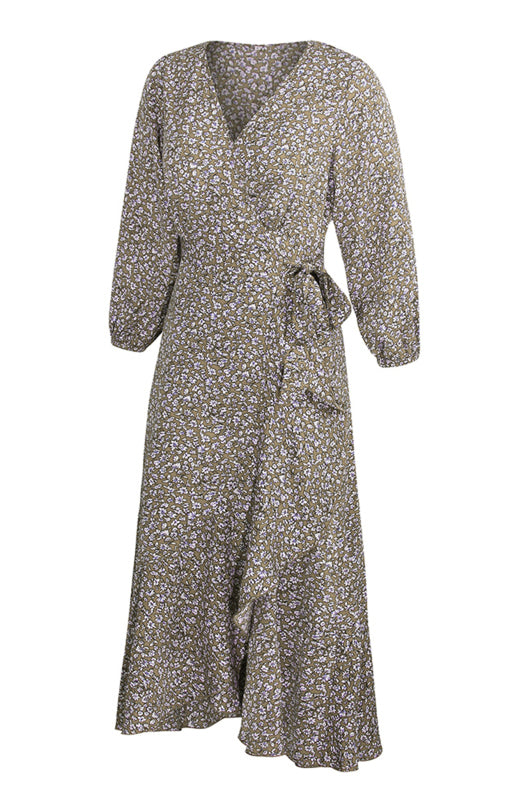 Floral Cross-Neck Lace-Up Long Sleeve Dress – Casual Boho Spring Look