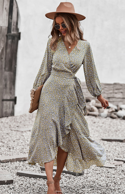 Floral Cross-Neck Lace-Up Long Sleeve Dress – Casual Boho Spring Look