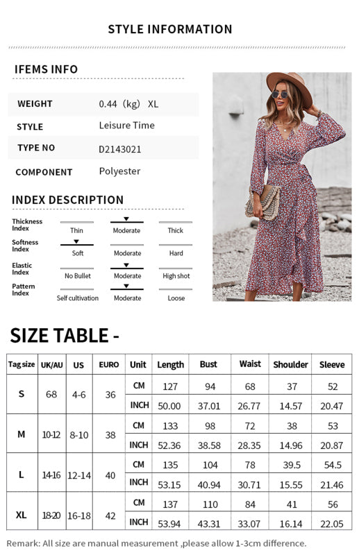Floral Cross-Neck Lace-Up Long Sleeve Dress – Casual Boho Spring Look