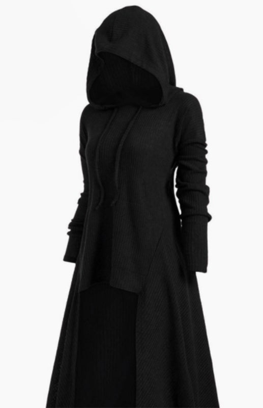 Hooded Knit Coat Dress – Loose Fit, Elastic Waist, Autumn-Winter Essential