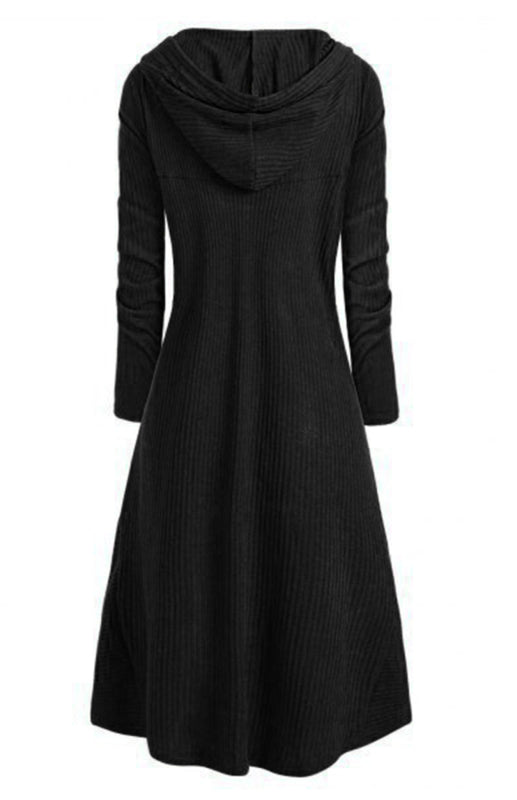 Hooded Knit Coat Dress – Loose Fit, Elastic Waist, Autumn-Winter Essential