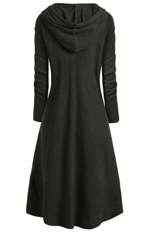 Hooded Knit Coat Dress – Loose Fit, Elastic Waist, Autumn-Winter Essential