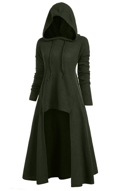 Hooded Knit Coat Dress – Loose Fit, Elastic Waist, Autumn-Winter Essential