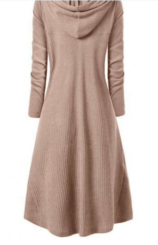 Hooded Knit Coat Dress – Loose Fit, Elastic Waist, Autumn-Winter Essential