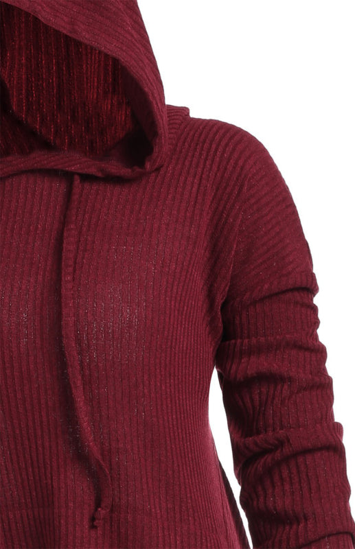 Hooded Knit Coat Dress – Loose Fit, Elastic Waist, Autumn-Winter Essential