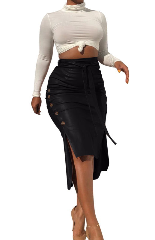 PU Leather Slit Midi Skirt – Smiling Maria