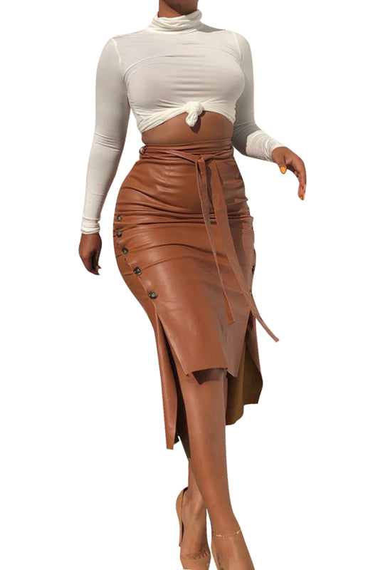 PU Leather Slit Midi Skirt – Smiling Maria