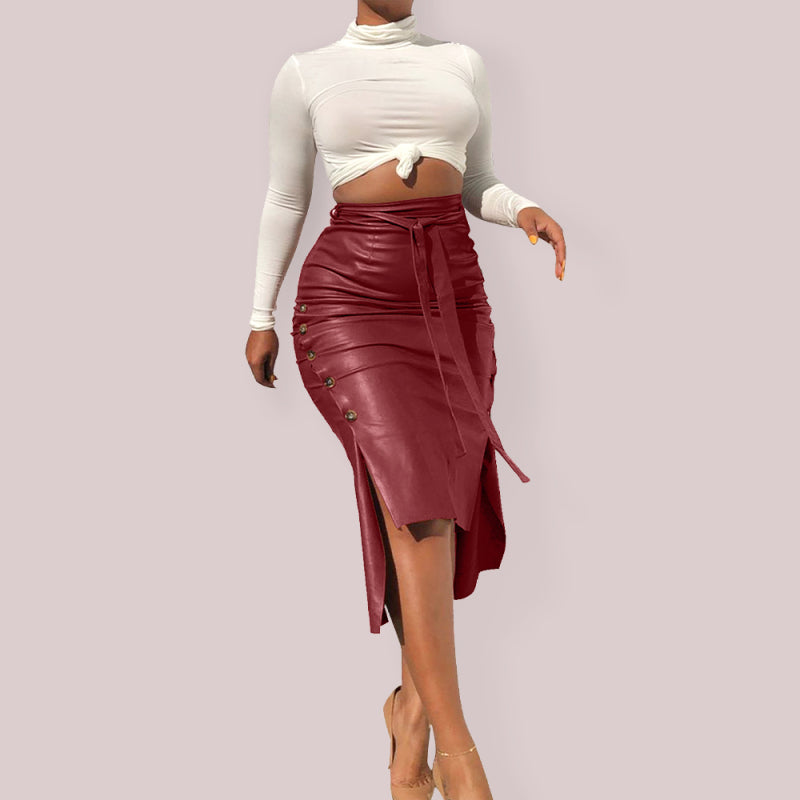 PU Leather Slit Midi Skirt – Smiling Maria