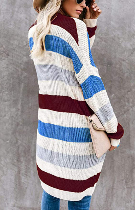 Striped Open Front Knit Cardigan for Women