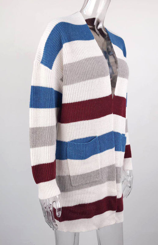 Striped Open Front Knit Cardigan for Women