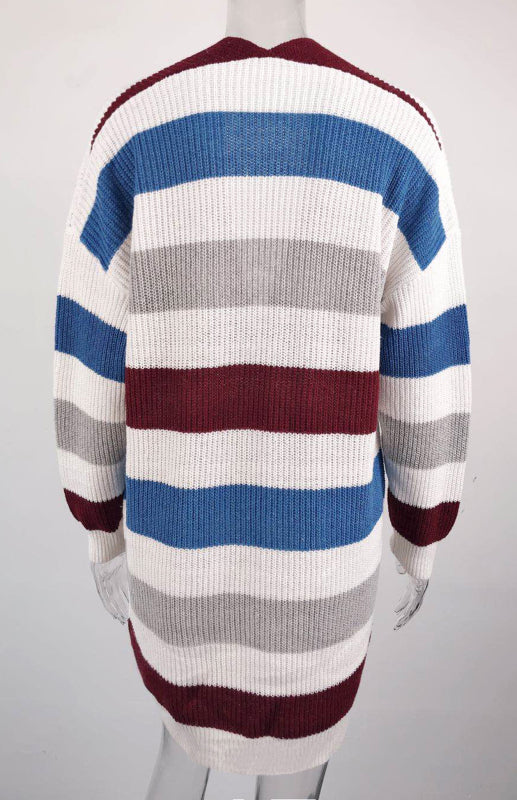 Striped Open Front Knit Cardigan for Women