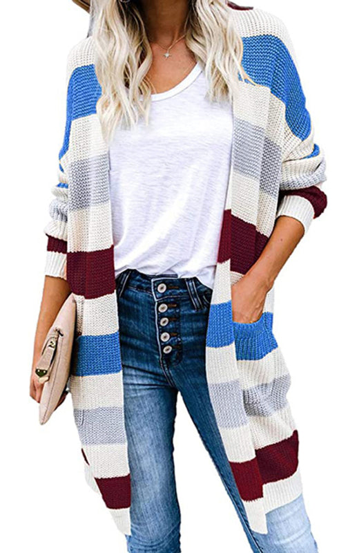 Striped Open Front Knit Cardigan for Women Blue