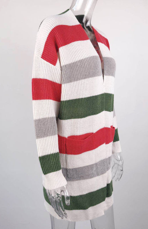 Striped Open Front Knit Cardigan for Women