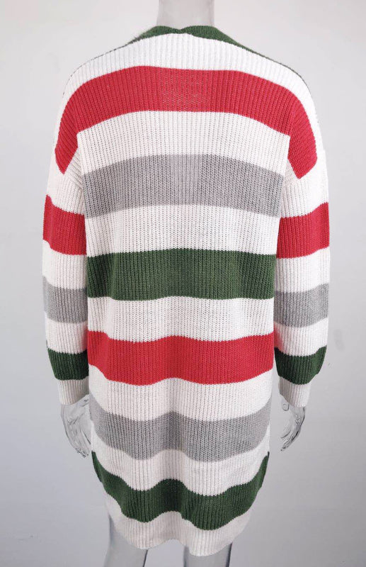 Striped Open Front Knit Cardigan for Women