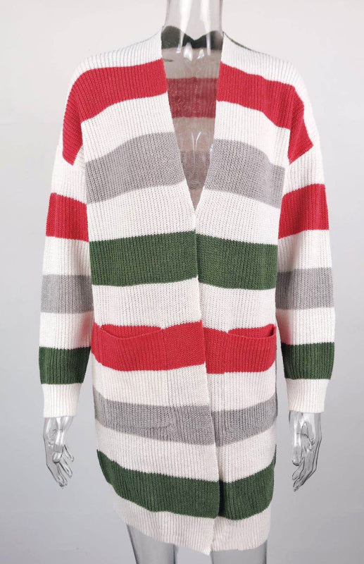 Striped Open Front Knit Cardigan for Women