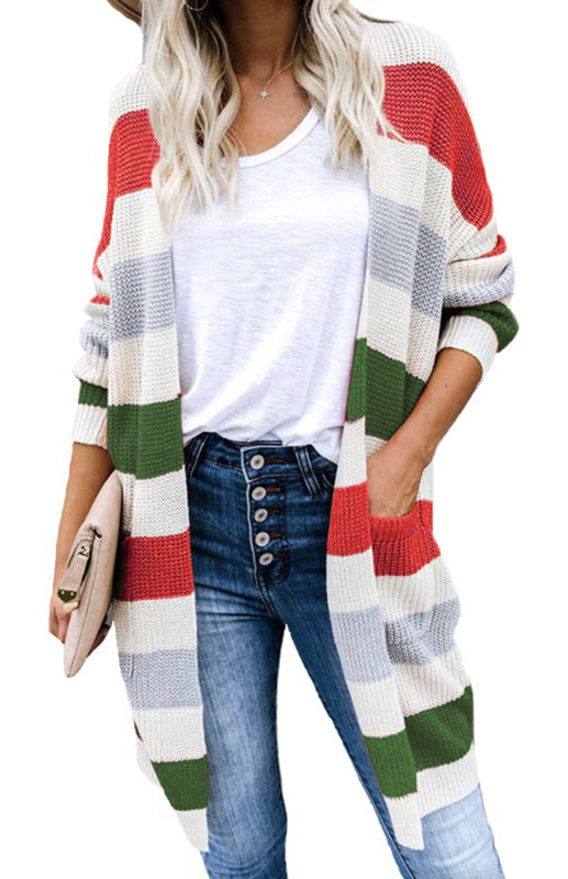 Striped Open Front Knit Cardigan for Women Red