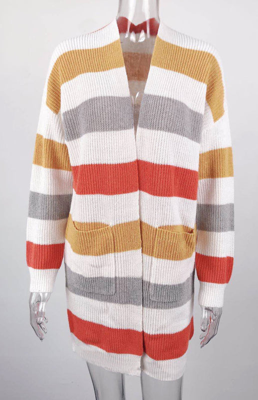 Striped Open Front Knit Cardigan for Women