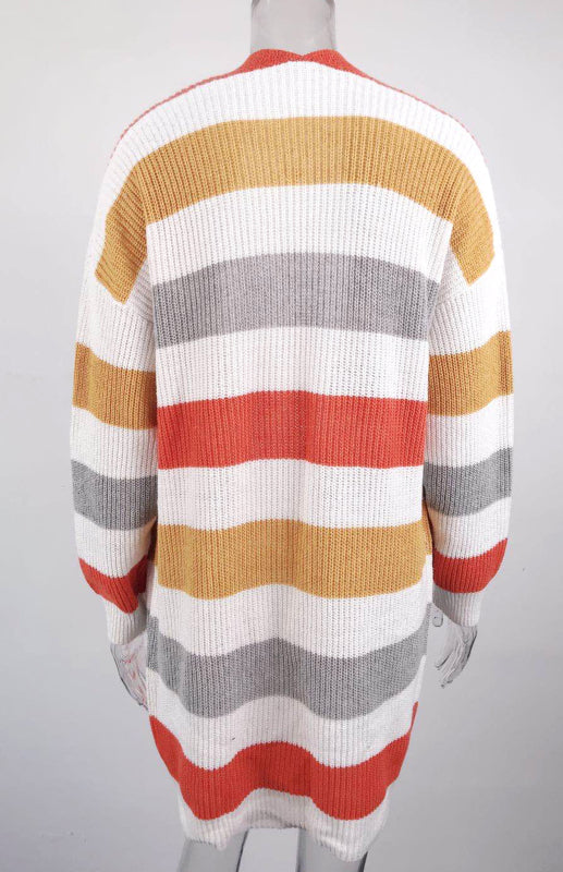Striped Open Front Knit Cardigan for Women