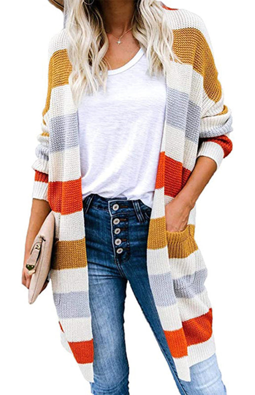 Striped Open Front Knit Cardigan for Women Yellow