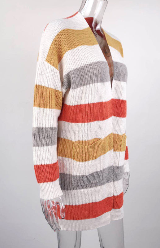Striped Open Front Knit Cardigan for Women