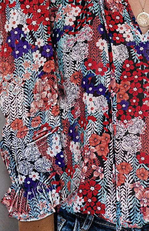 Boho Floral V-Neck Long Sleeve Shirt for Women