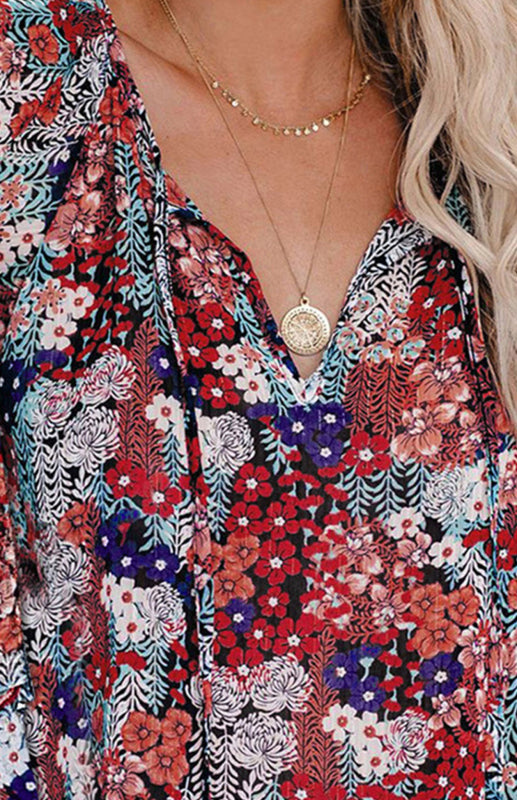 Boho Floral V-Neck Long Sleeve Shirt for Women