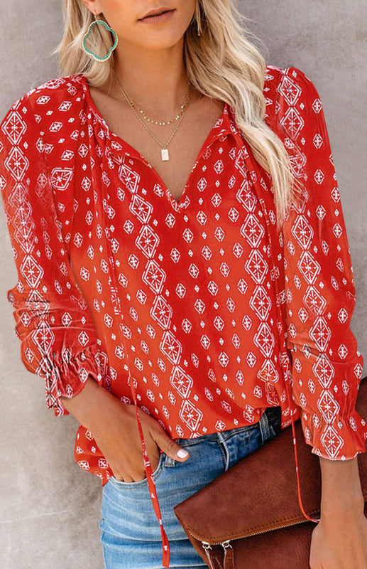Boho Floral V-Neck Long Sleeve Shirt for Women