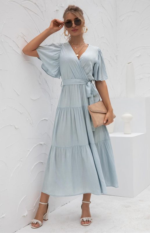 V-Neck Tiered Short Sleeve Midi Dress – Lightweight Boho Style